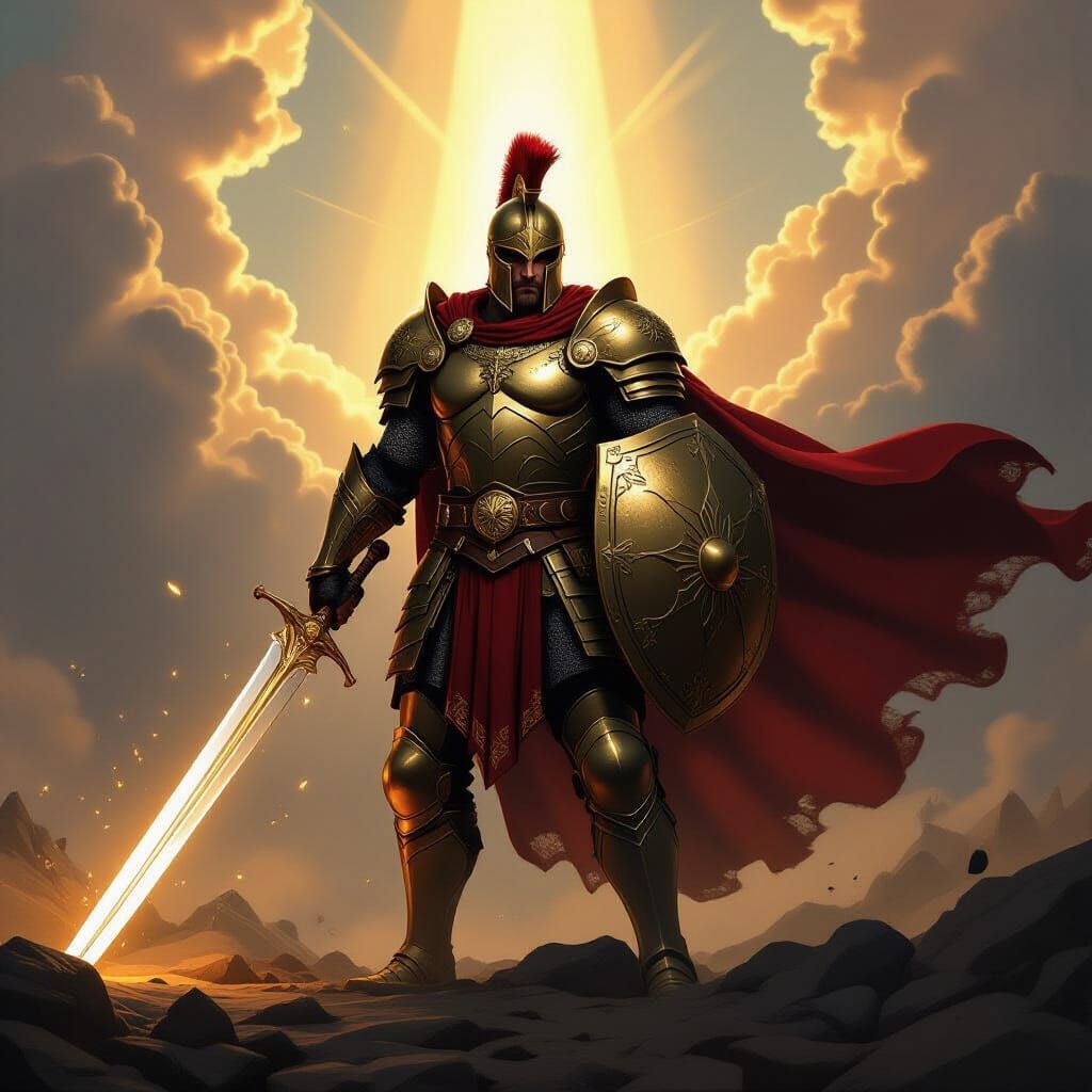 Heroic Man in Full Armor of God on Battlefield