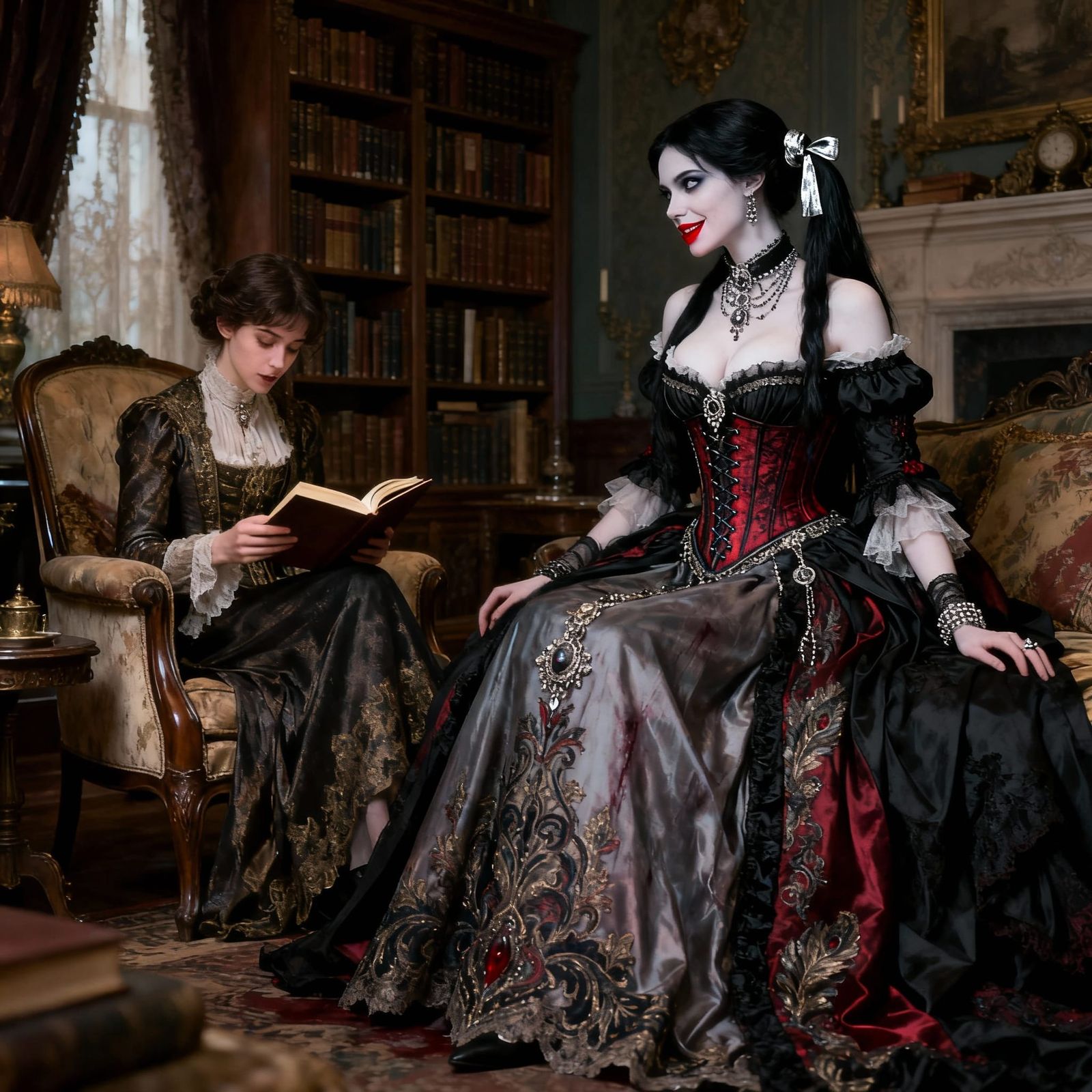 Sultry Vampire Woman in Victorian Gown Hunts in Library