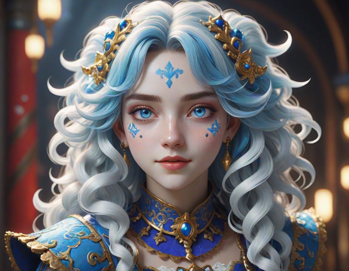 Whimsical Jester Girl in Vibrant Blue and White Attire