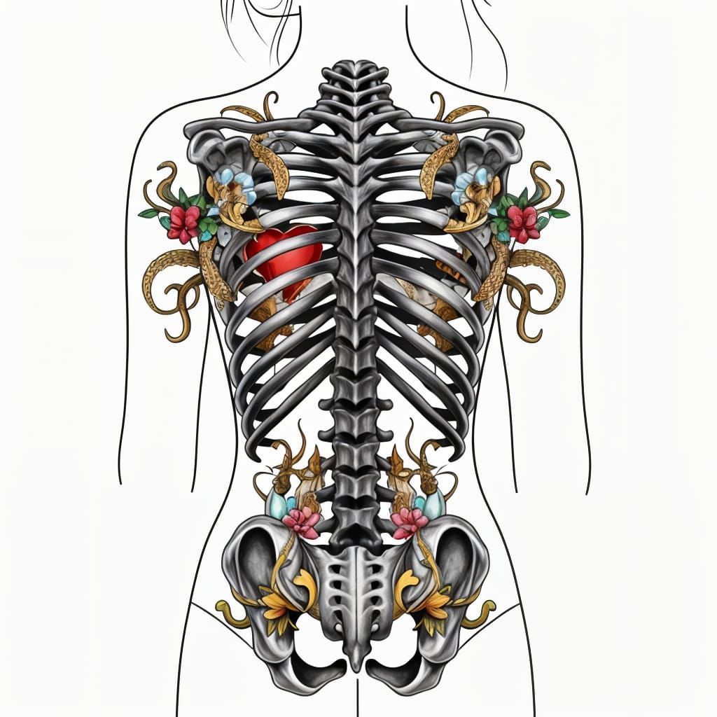 Stylized Spine Tattoo Design with Flowers and Tentacles