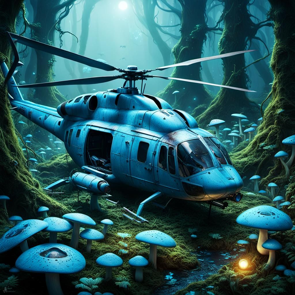 Crashed Helicopter in Mystical Forest: Fantasy Concept Art