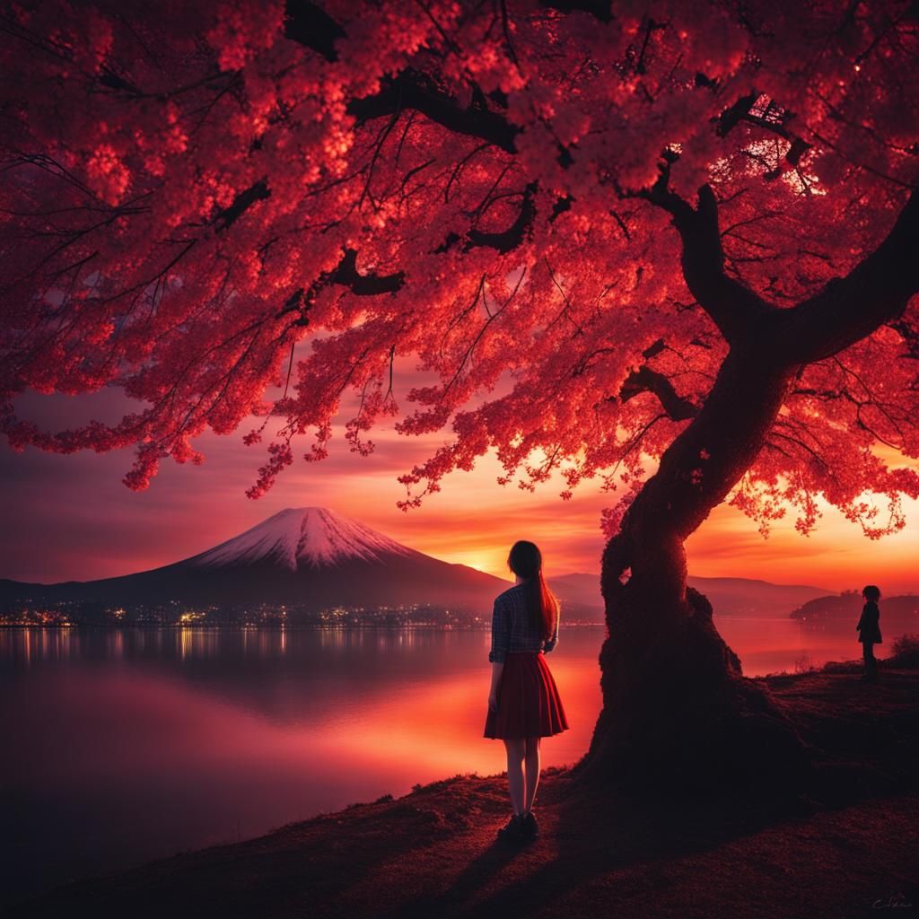 Girl and Sakura Tree at Red Sunset
