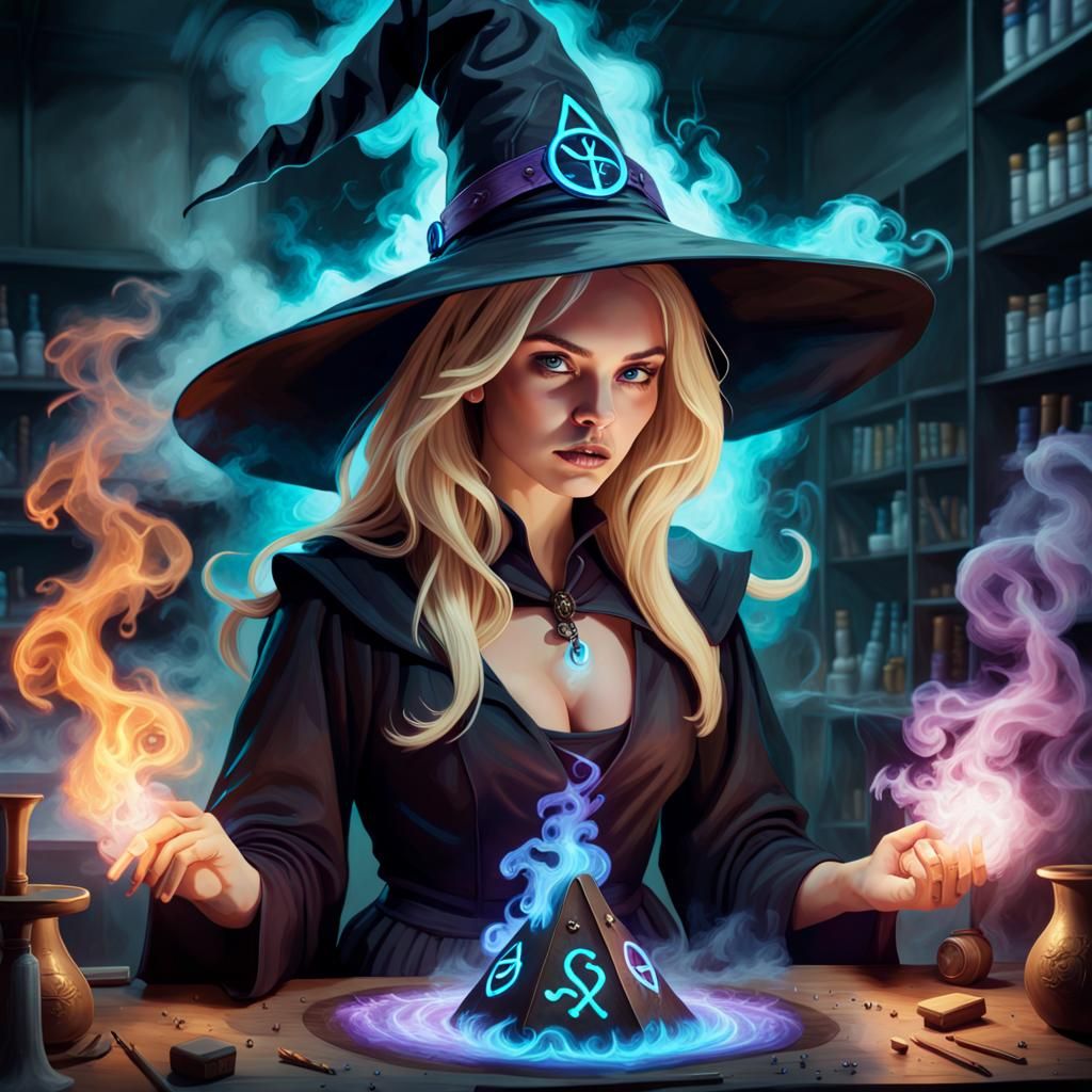 Blond Witch Stirring Cauldron with Glowing Runes