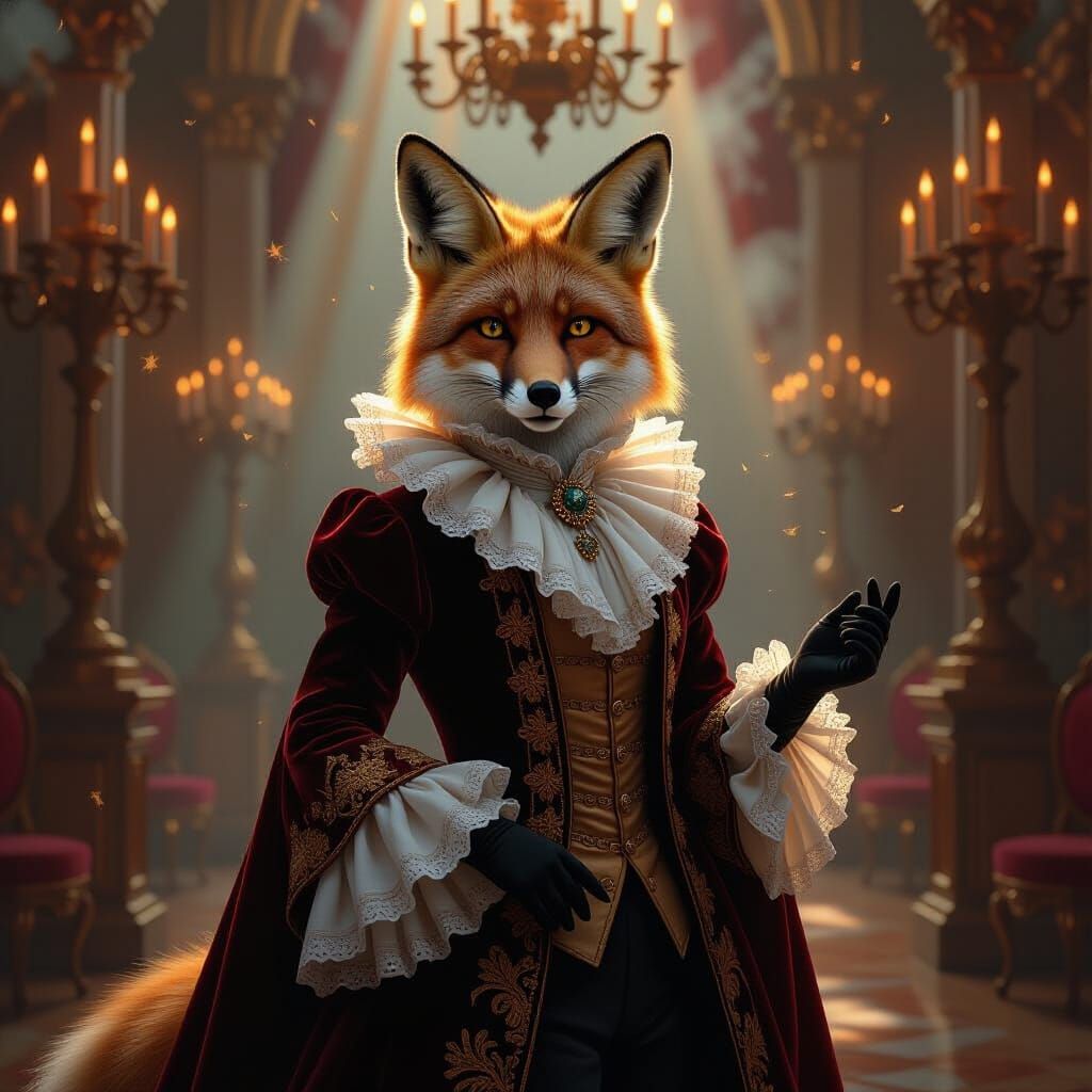 Regal Fox in 18th Century Attire in Grand Ballroom