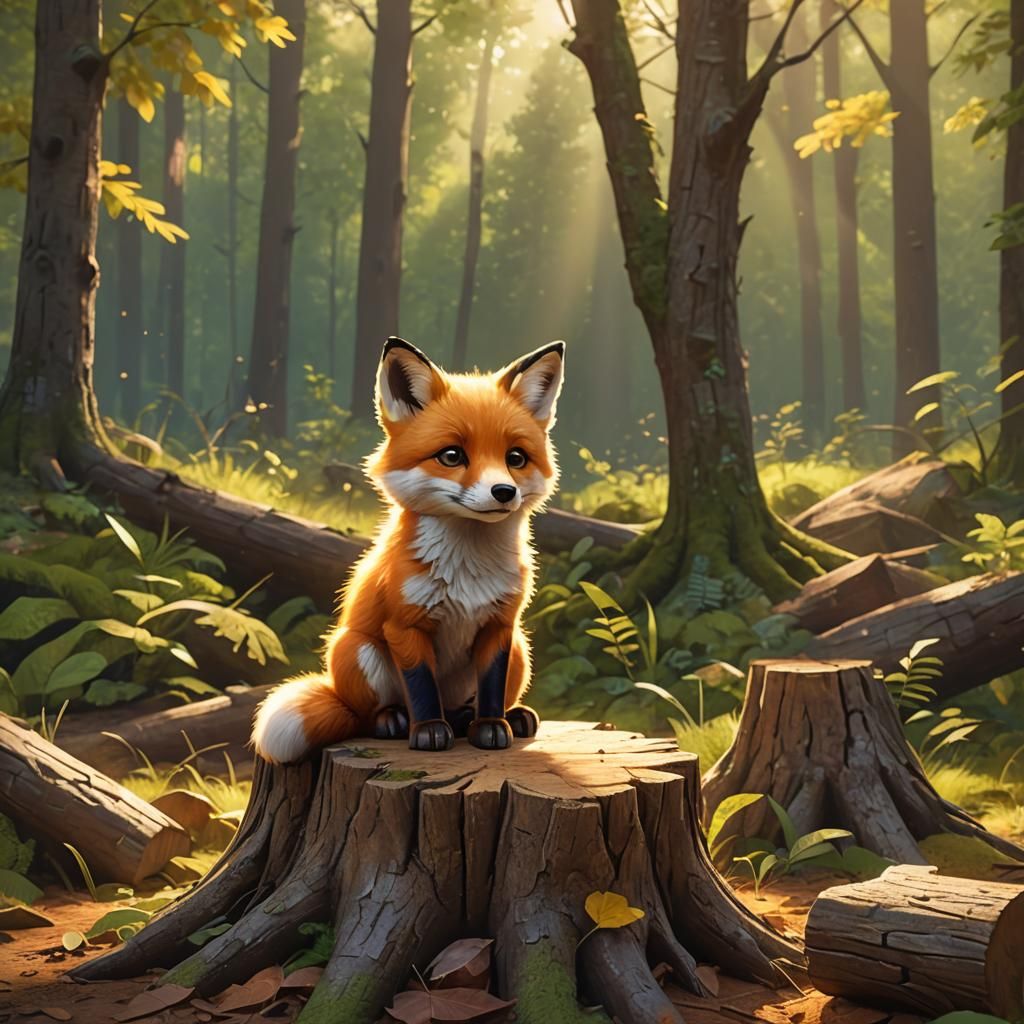 Fluffy Baby Fox in Sunny Forest, Pixar Style