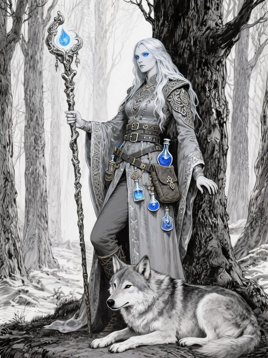 Silver Sorceress and Wolf in Mystical Forest