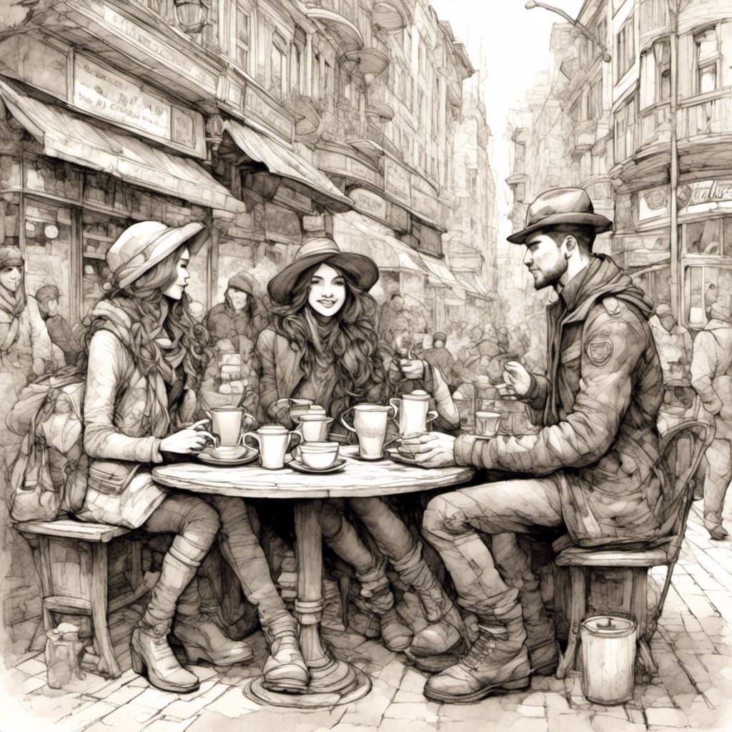 Friends Having Coffee in Vancouver: Sketch Art Style