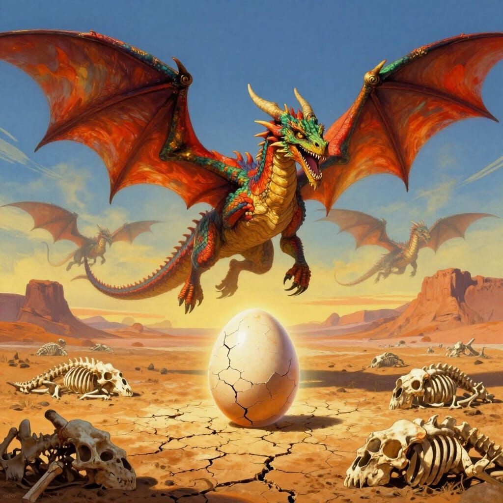 Dragons Over Arid Land With Glowing Egg, Fantasy Art