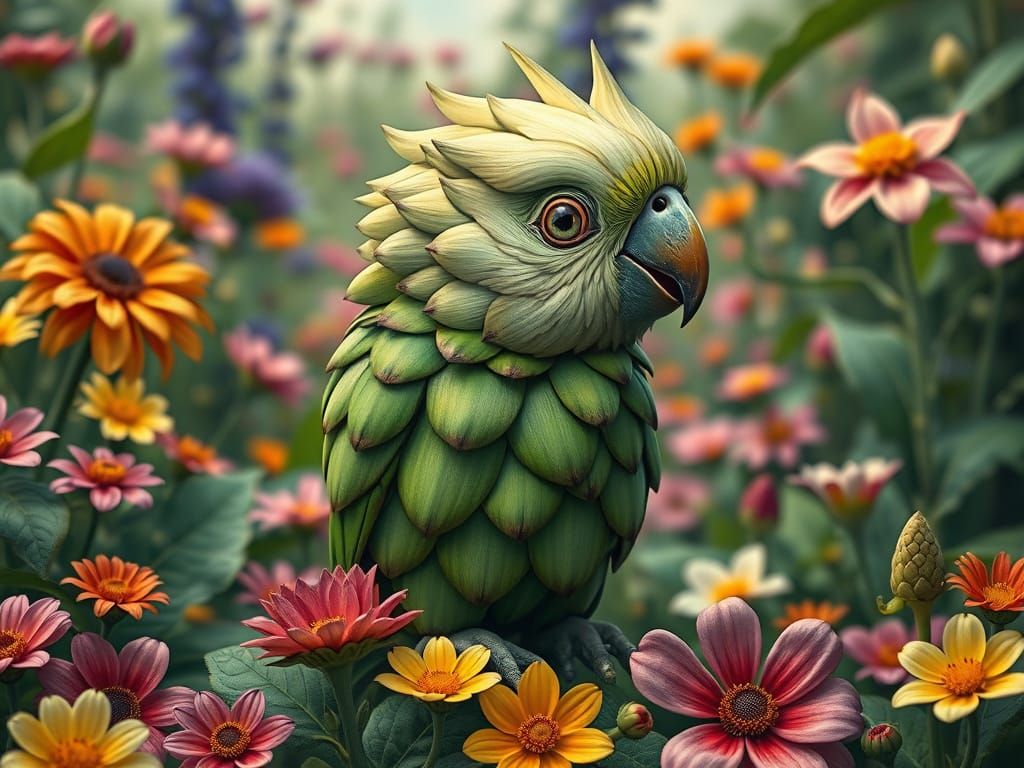 Artichoke Parrot in Lush Garden, Pop Surrealism