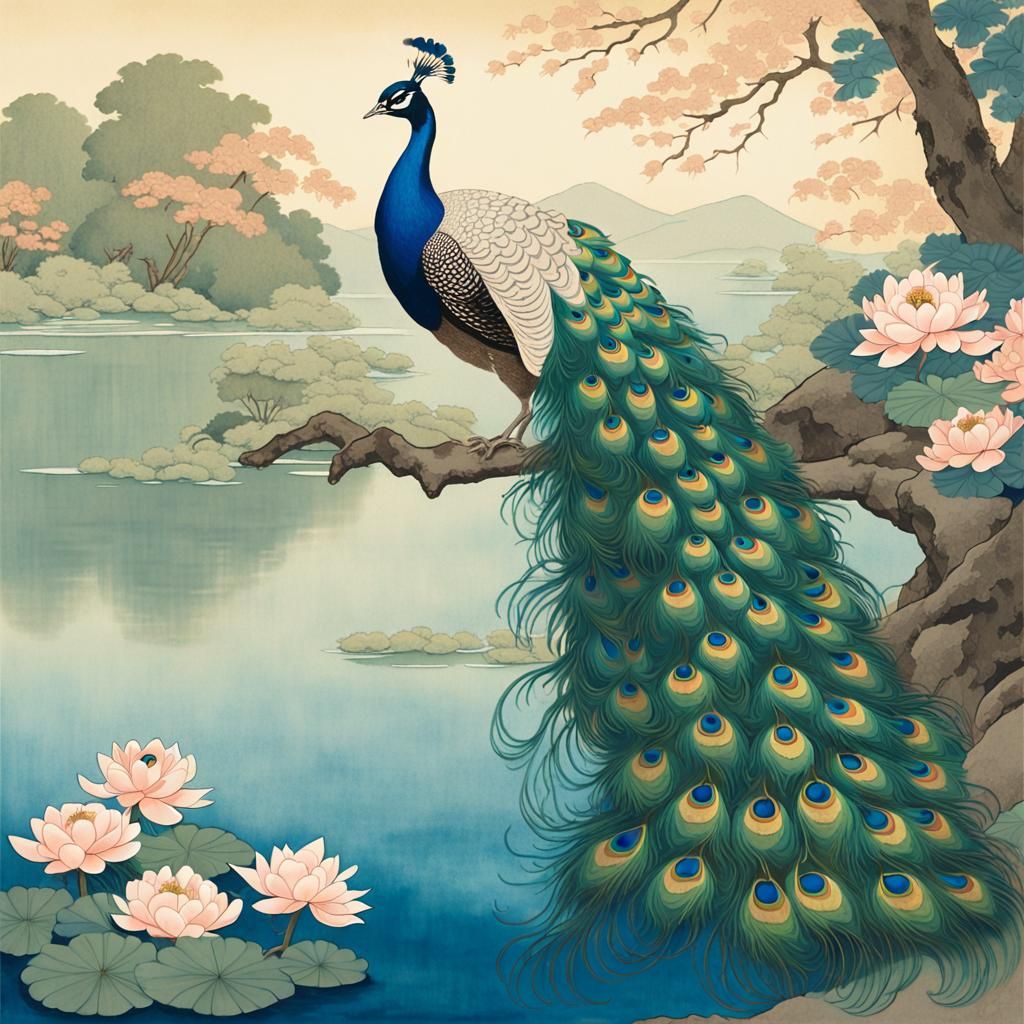 Majestic Peacock by Lake in Ukiyo-e Style