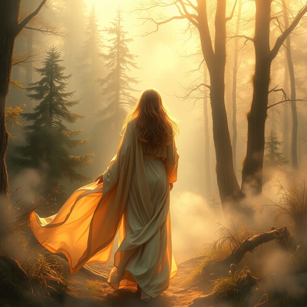 Ethereal Woman in Mystical Forest, Detailed Art