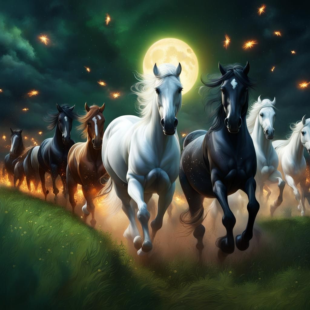 Horses Racing at Night: Detailed Fantasy Painting