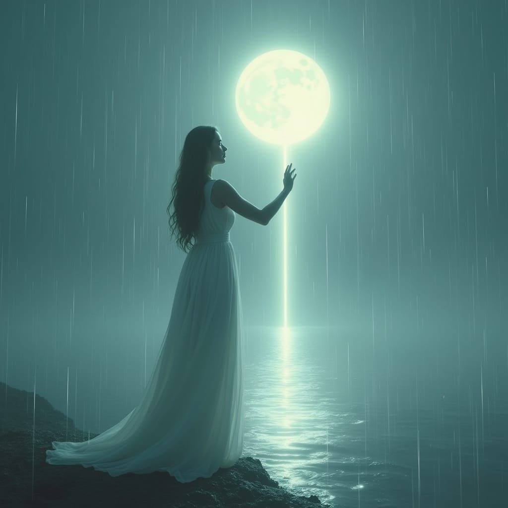 Serene Woman Under Moonlit Rain Beacon