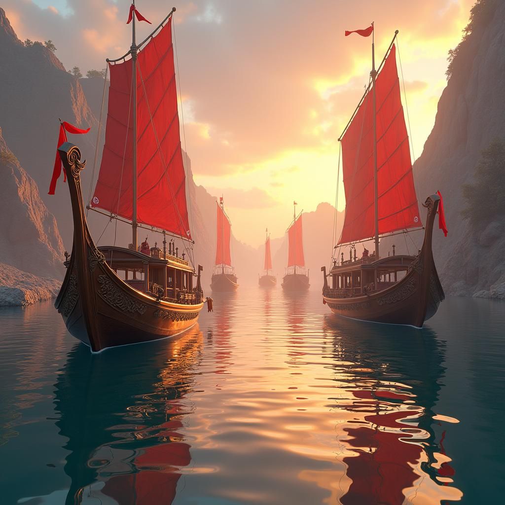 Majestic Boats on River at Sunset, Fantasy Art