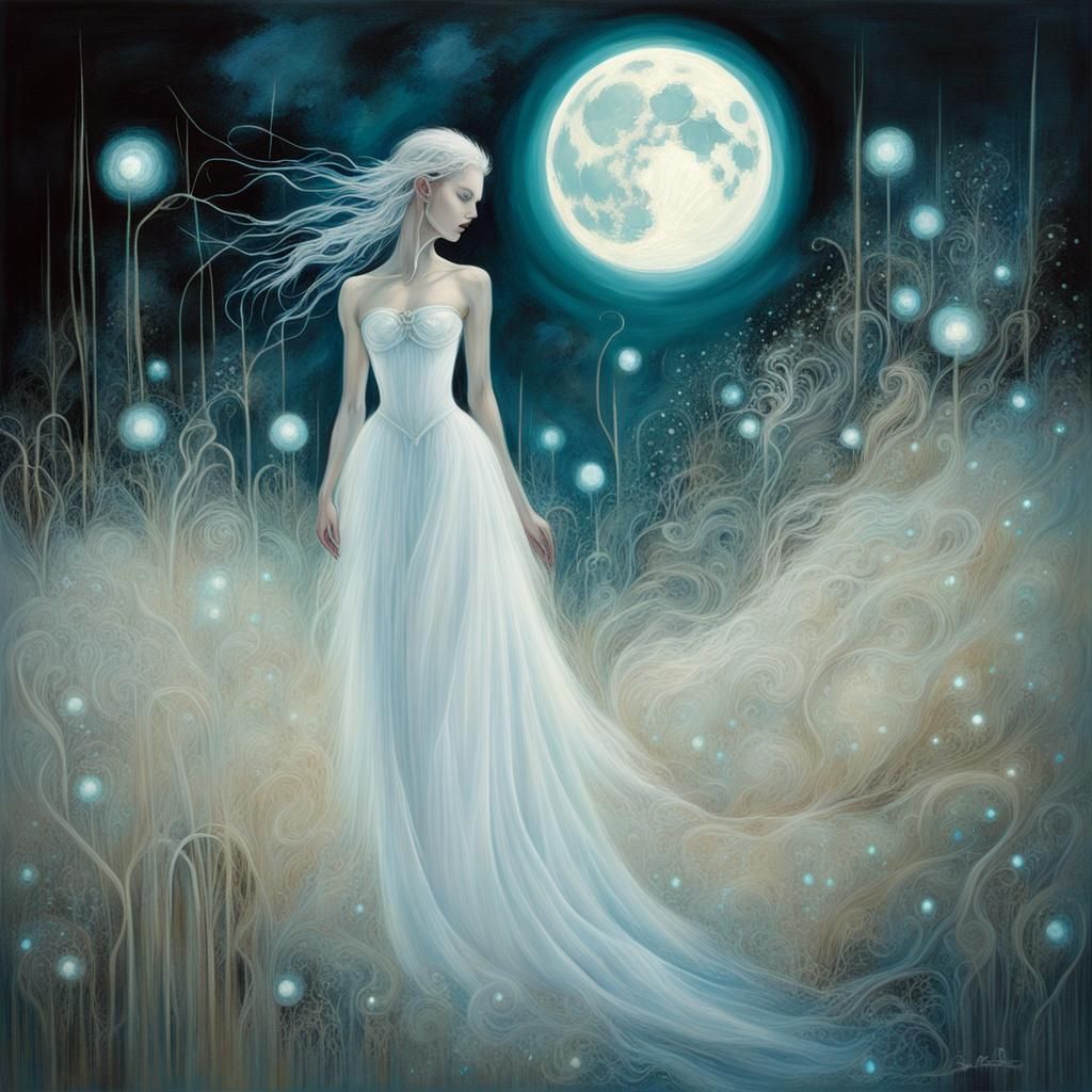 Ethereal Beings Under Bioluminescent Moon in Abstract Art