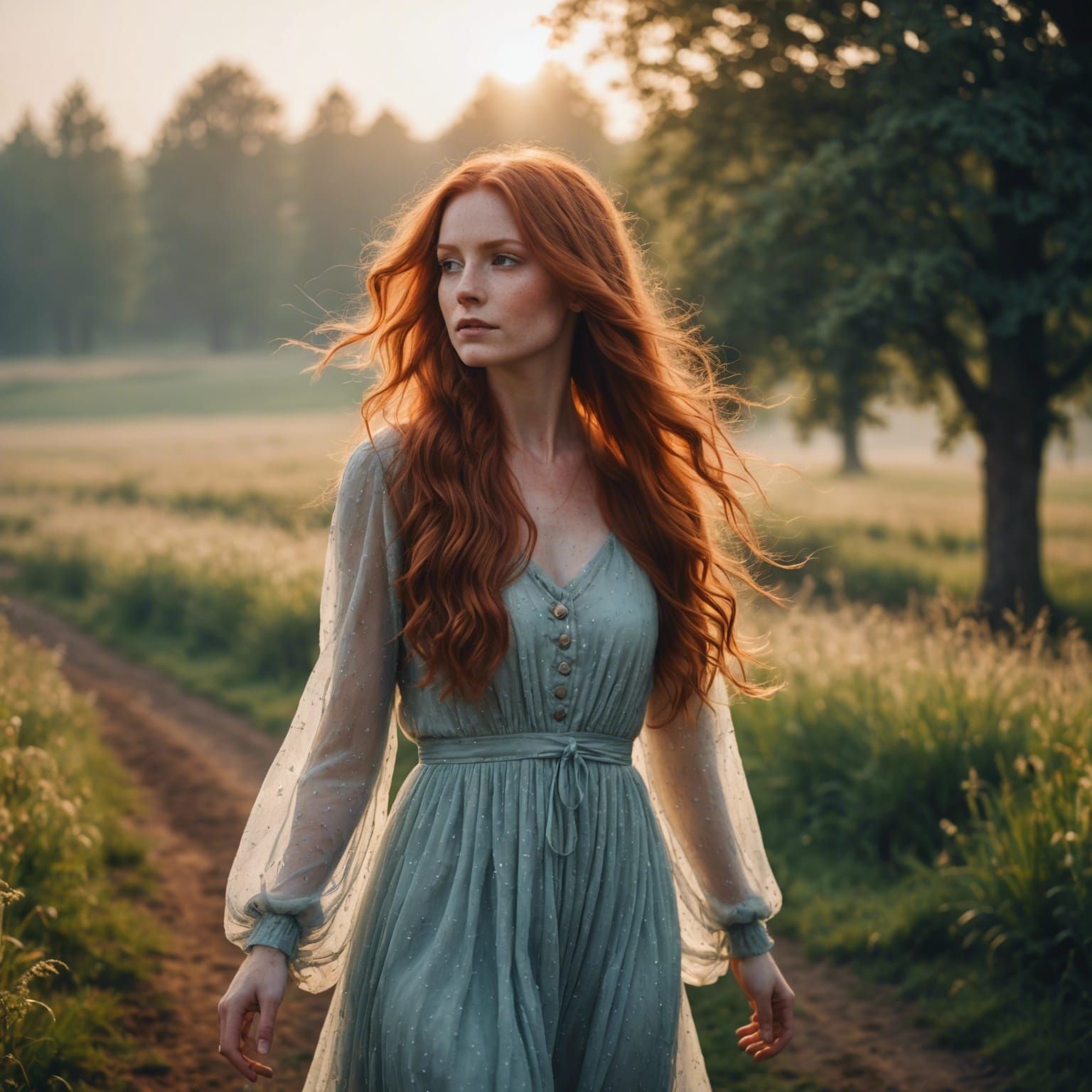 Redhead Beauty in Sunrise, Cinematic Countryside