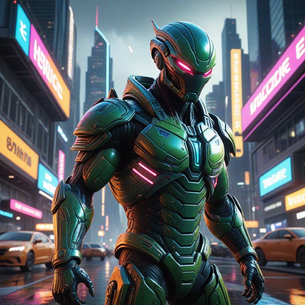 Alien Warrior Battle in Neon Futuristic City