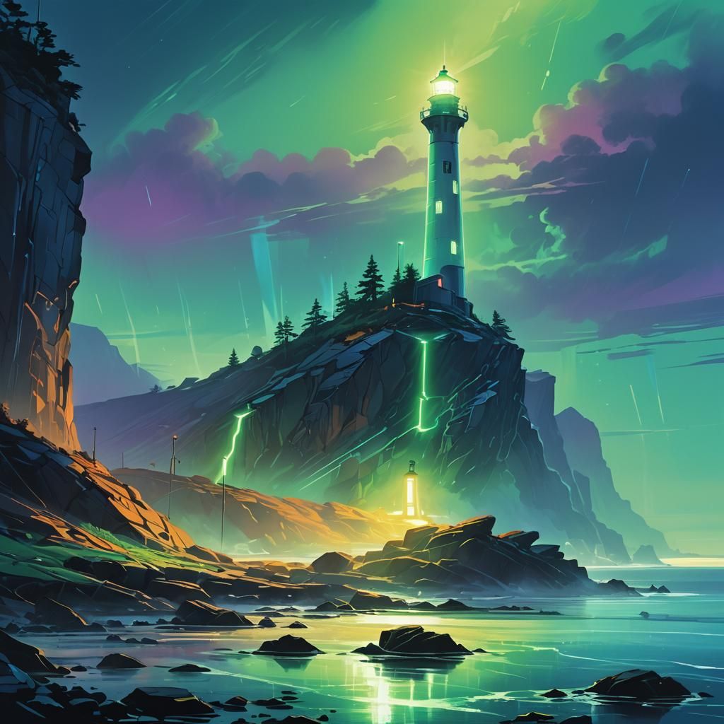 Futuristic Lighthouse on Rocky Coastline in Neon Mist