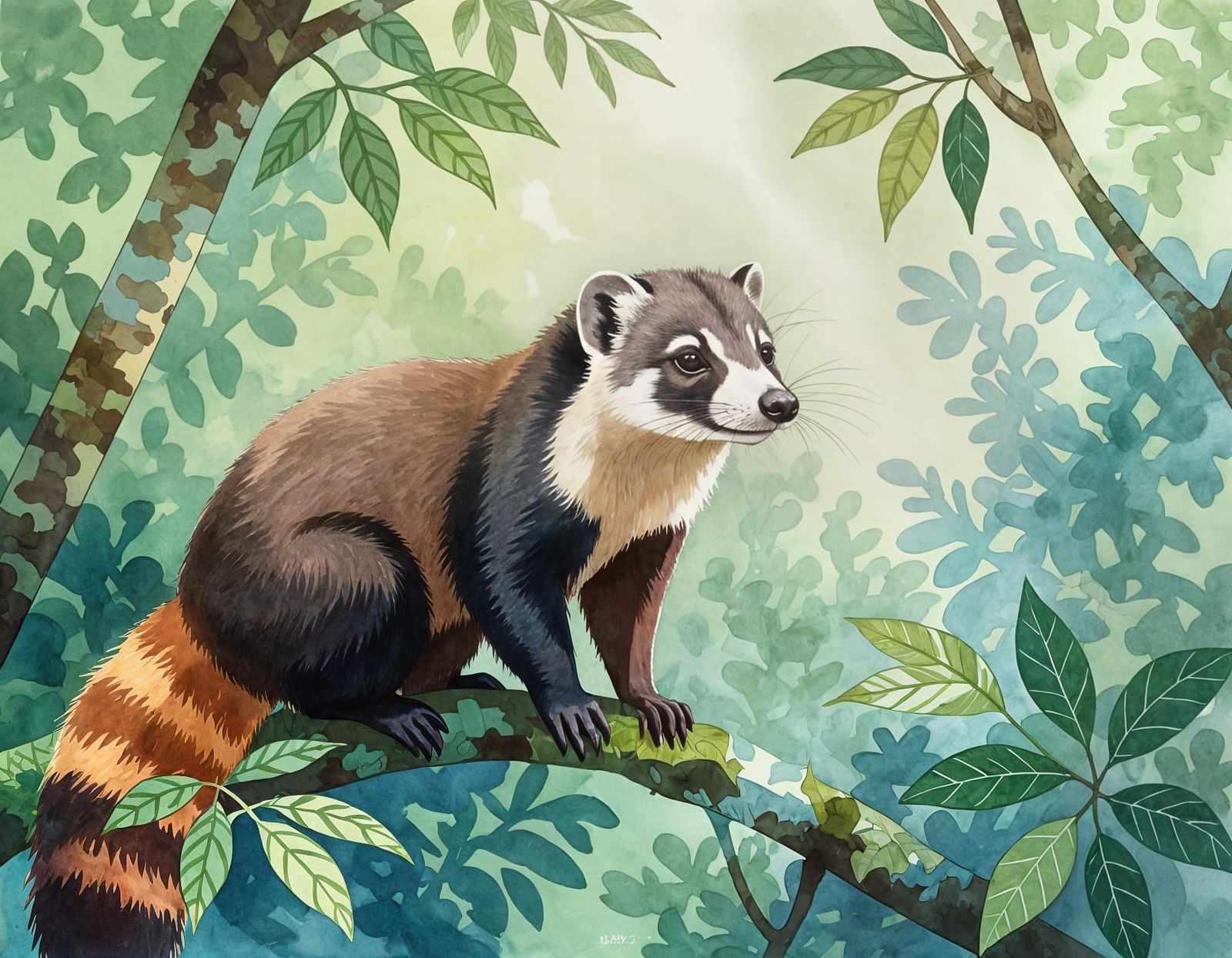 Coati in Cloud Forest: Watercolor Painting