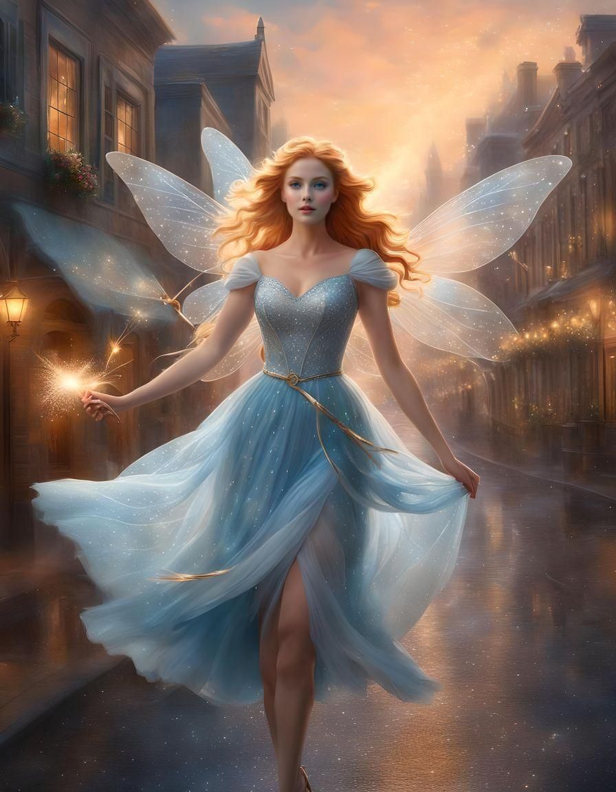 Strawberry Blonde Fairy Flying Over Town, Digital Painting