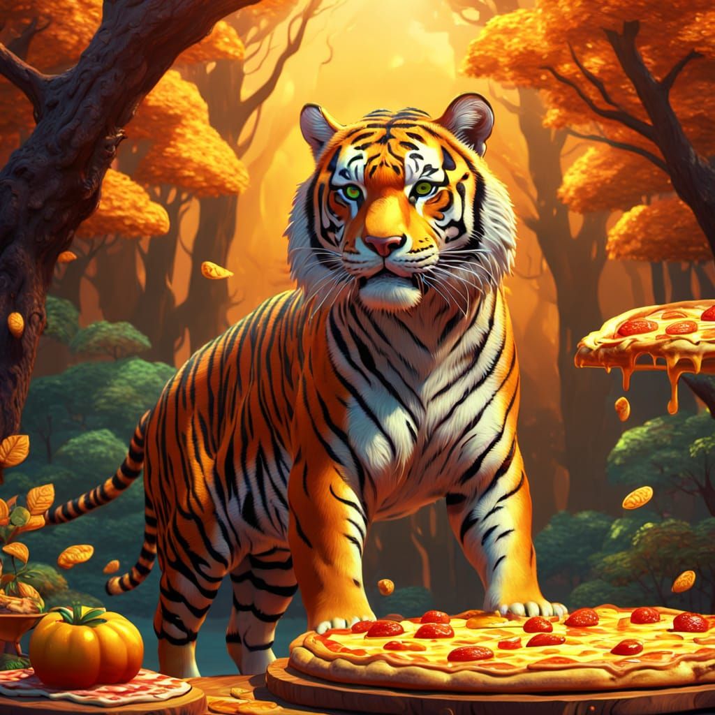 Surreal Pizza Island Landscape with Tiger in Oil Painting