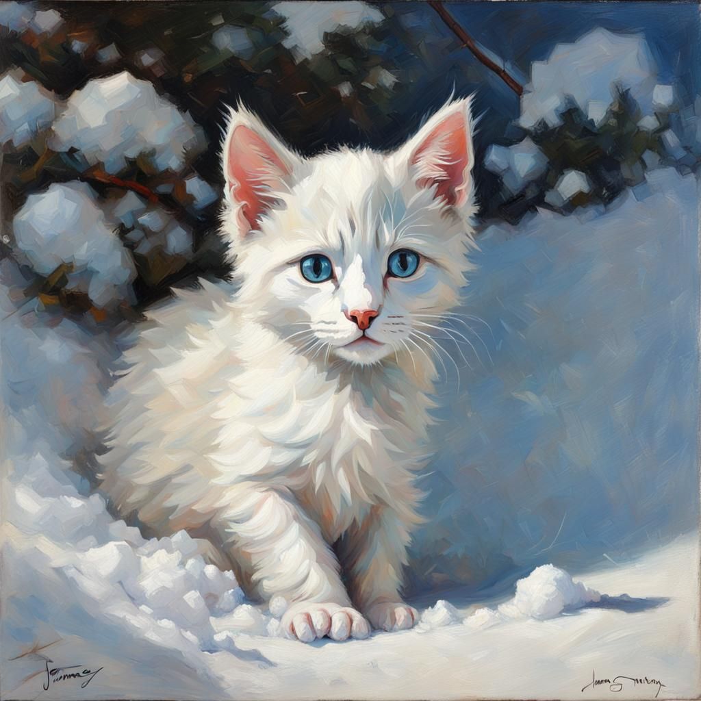 White Kitten with Blue Eyes in Snow as Oil Painting