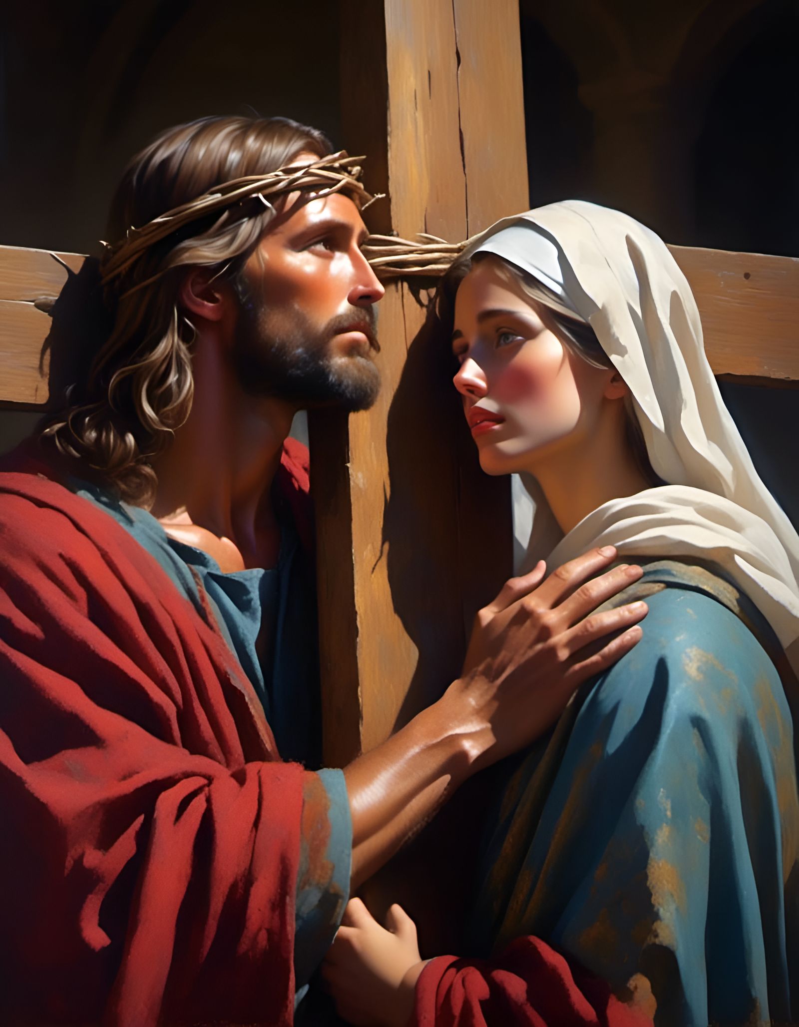 Jesus Carrying Cross with Mother Mary: Hyperrealistic Art
