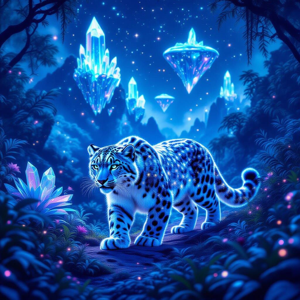Celestial Snow Leopard in Alien Jungle