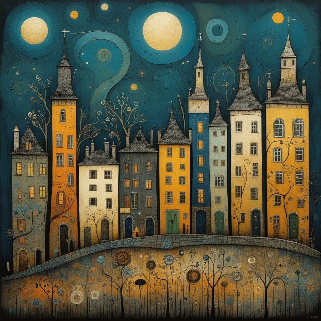 Luminous Folkscape Cityscape in Art Nouveau Style