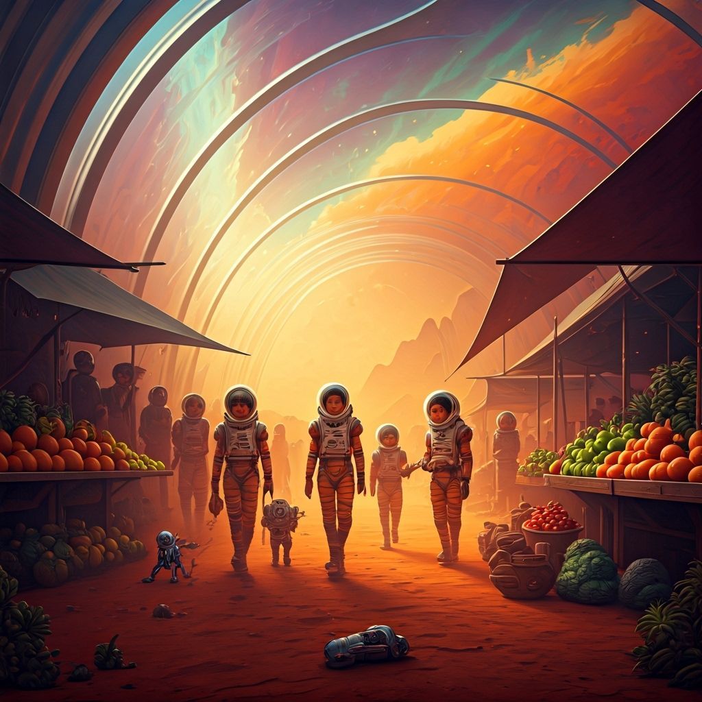Martian Marketplace Under Biodome With Diverse Settlers