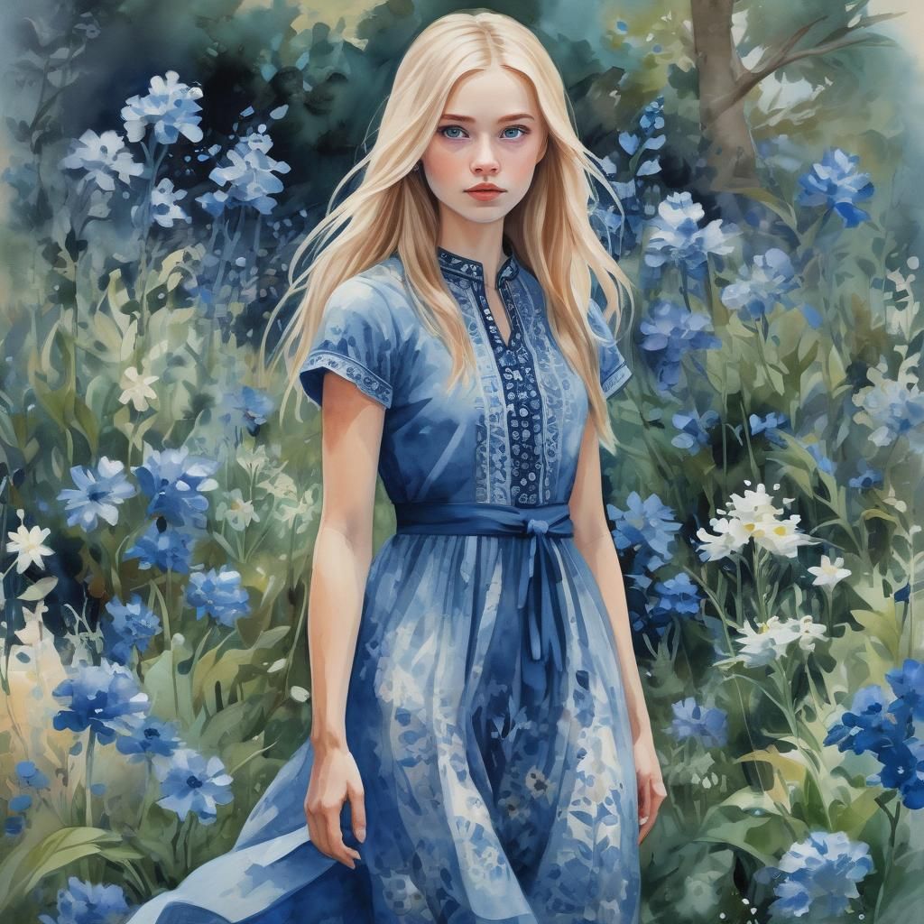 Girl in Indigo Dress: Gouache Watercolor Impression