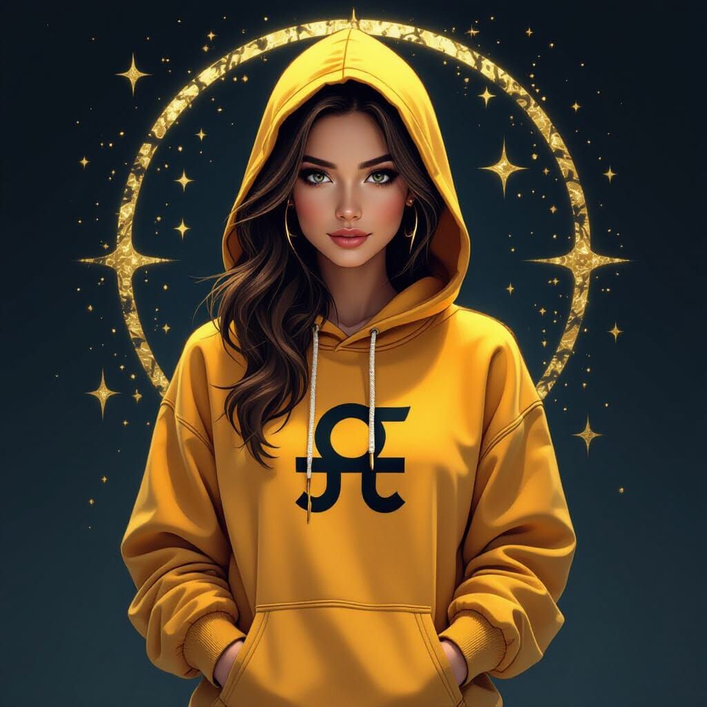 Woman in Gold Black Libra Hoodie with Celestial Accents