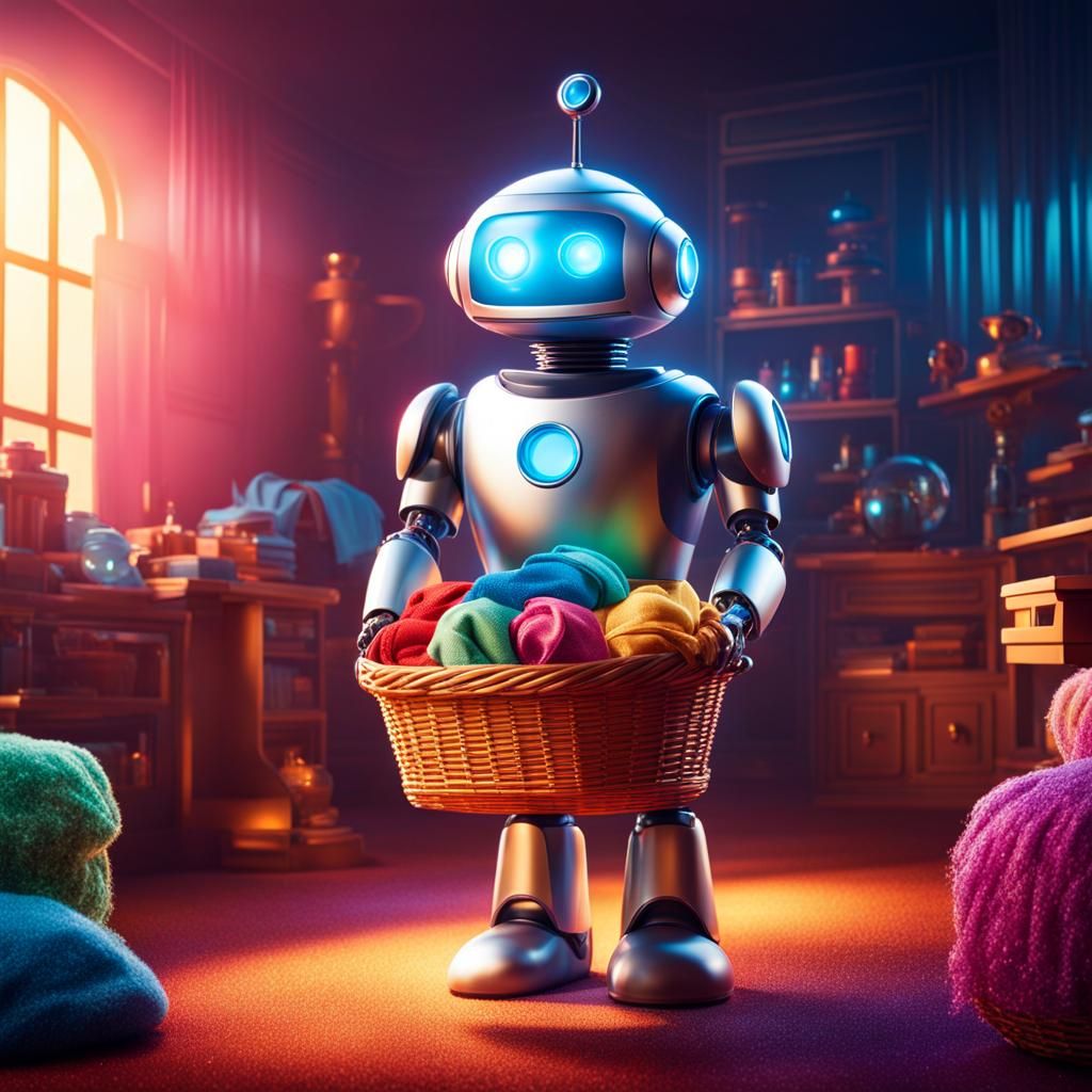 Cute Robot Nanny Does Laundry, Storybook Illustration