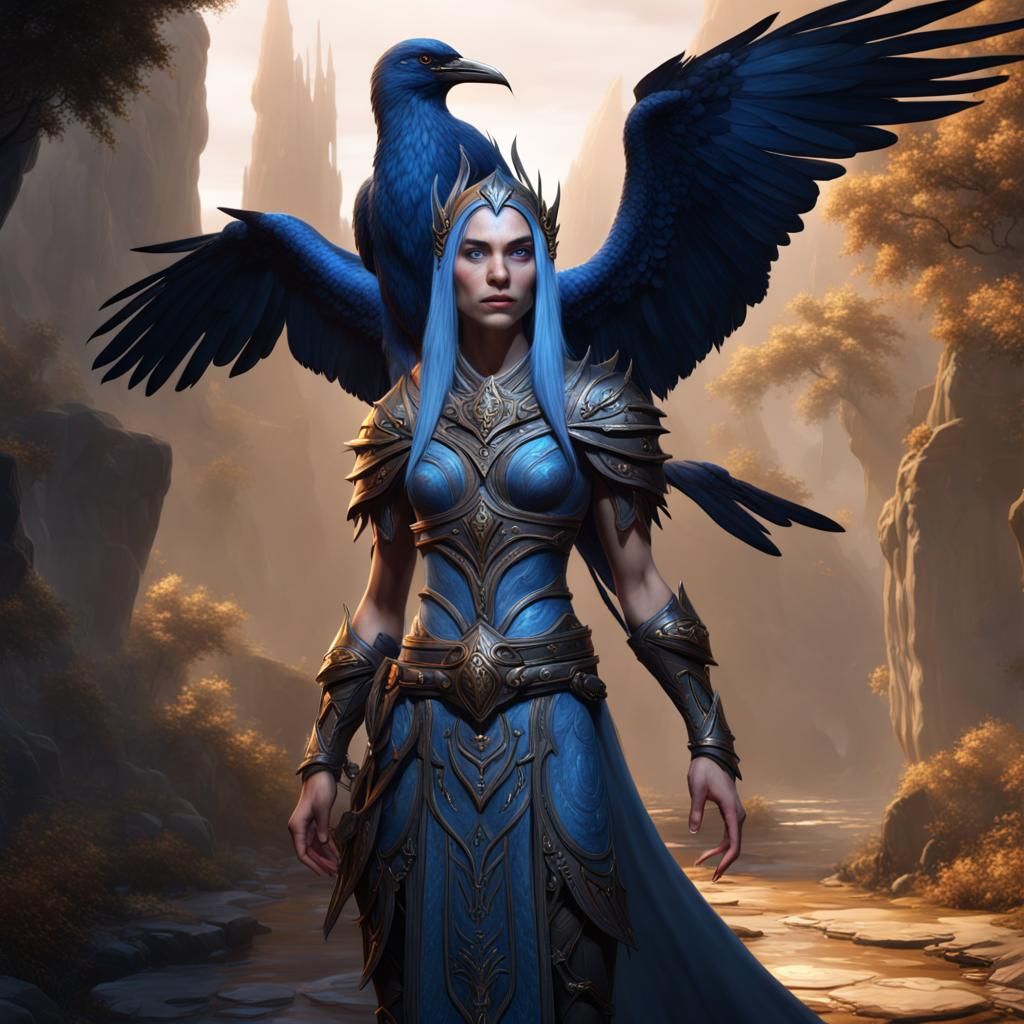 Blue-Skinned Eladrin with Crow, Fantasy Concept Art