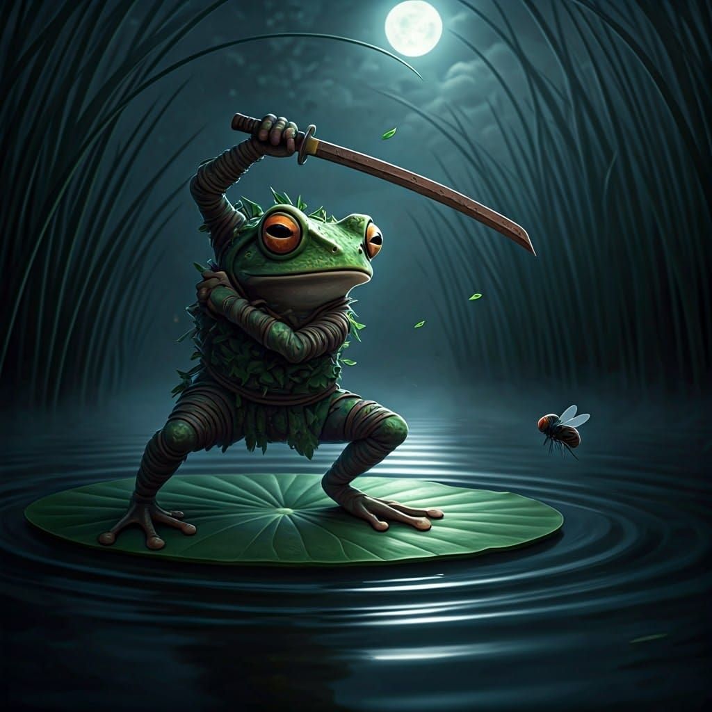 Frog Samurai Ready to Strike on Lily Pad