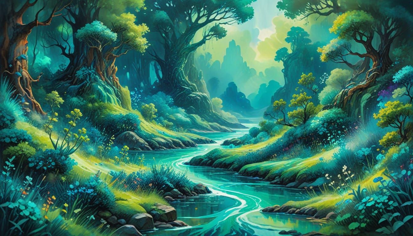 Turquoise Fantasy: An Epic Impressionist Gouache Painting