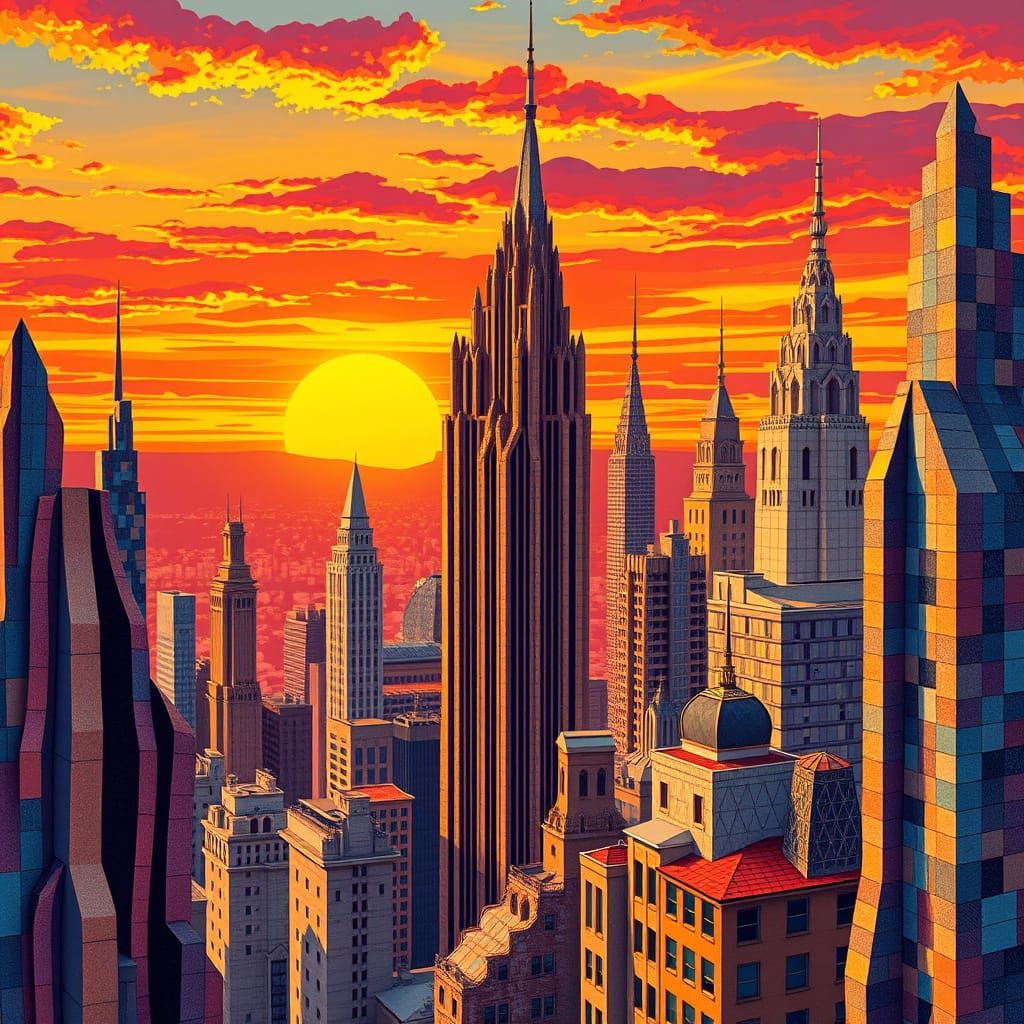 Vibrant Cubist Sunset Skyline with Geometric Mosaic and Frac...