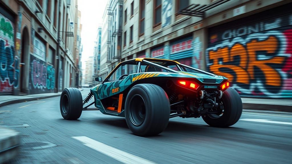 Cyberpunk Buggy in Brutalist Cityscape