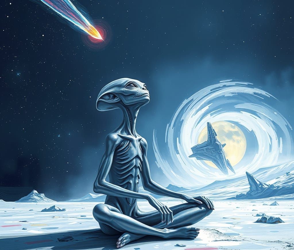 Alien Contemplates Cosmic Wonders on Icy Planet in Vibrant G...