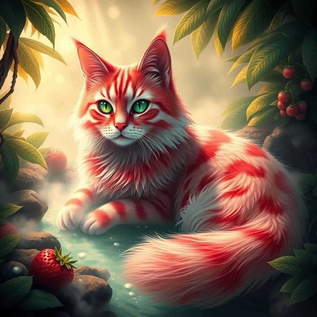 Surreal Feline Landscape with Tropical Foliage and Iridescen...