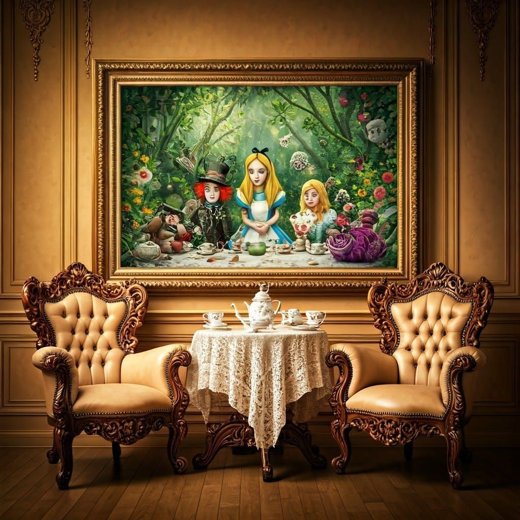 Whimsical Victorian Tea Party Scene in Dreamlike Aesthetic