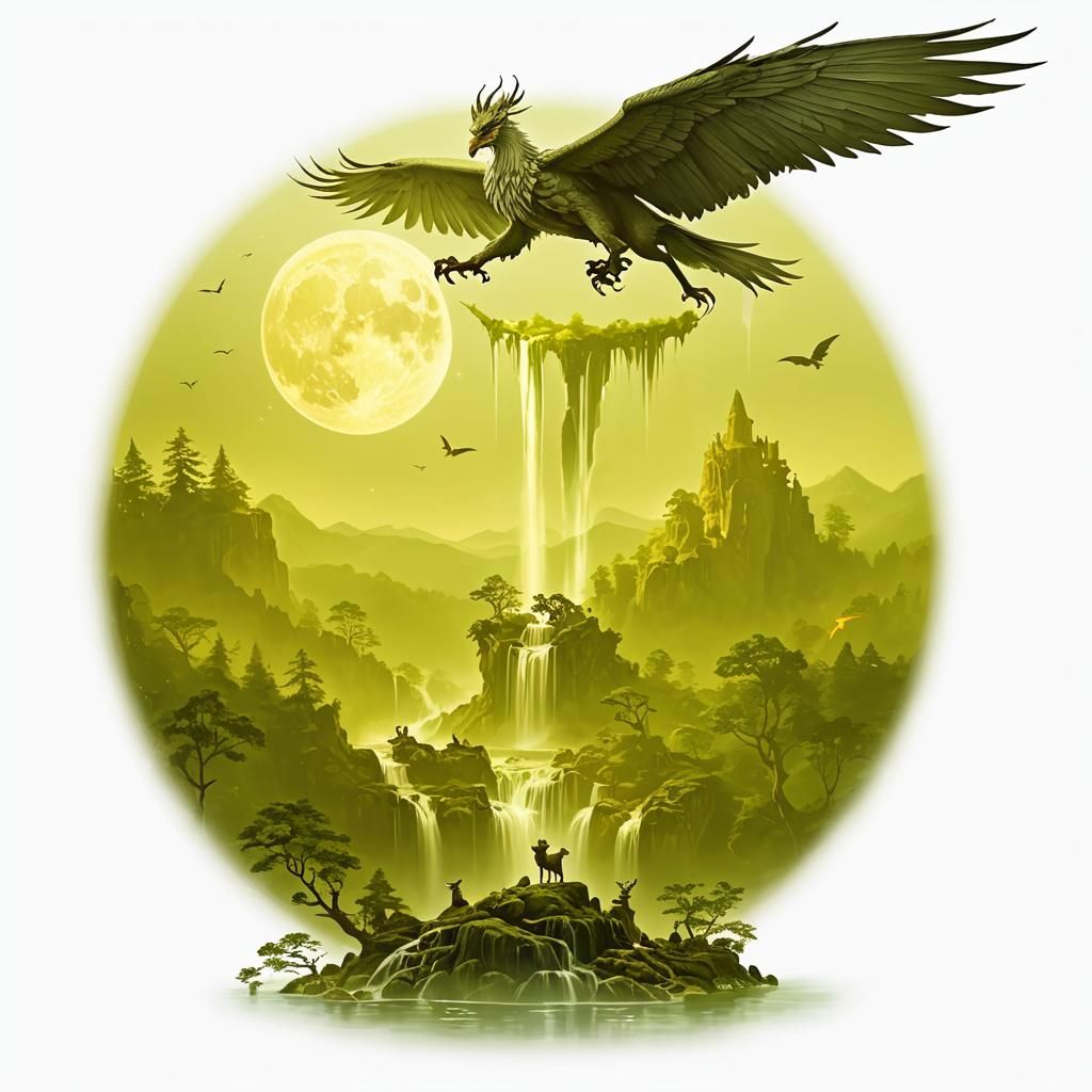 Fantasy Waterfall Scene with Griffins Under Full Moon