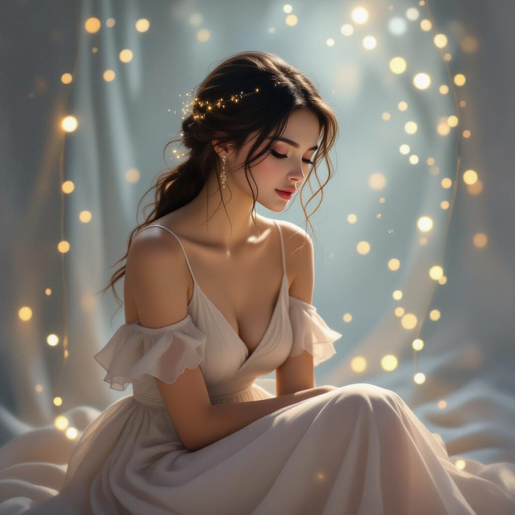 Ethereal Woman Surrounded by Twinkling Lights