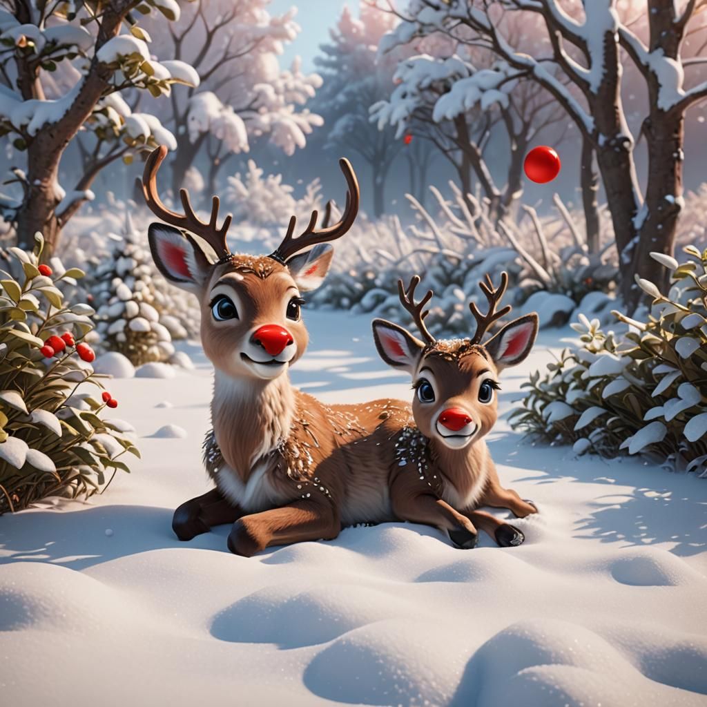 Baby Reindeer with Red Nose in Snowy Scene