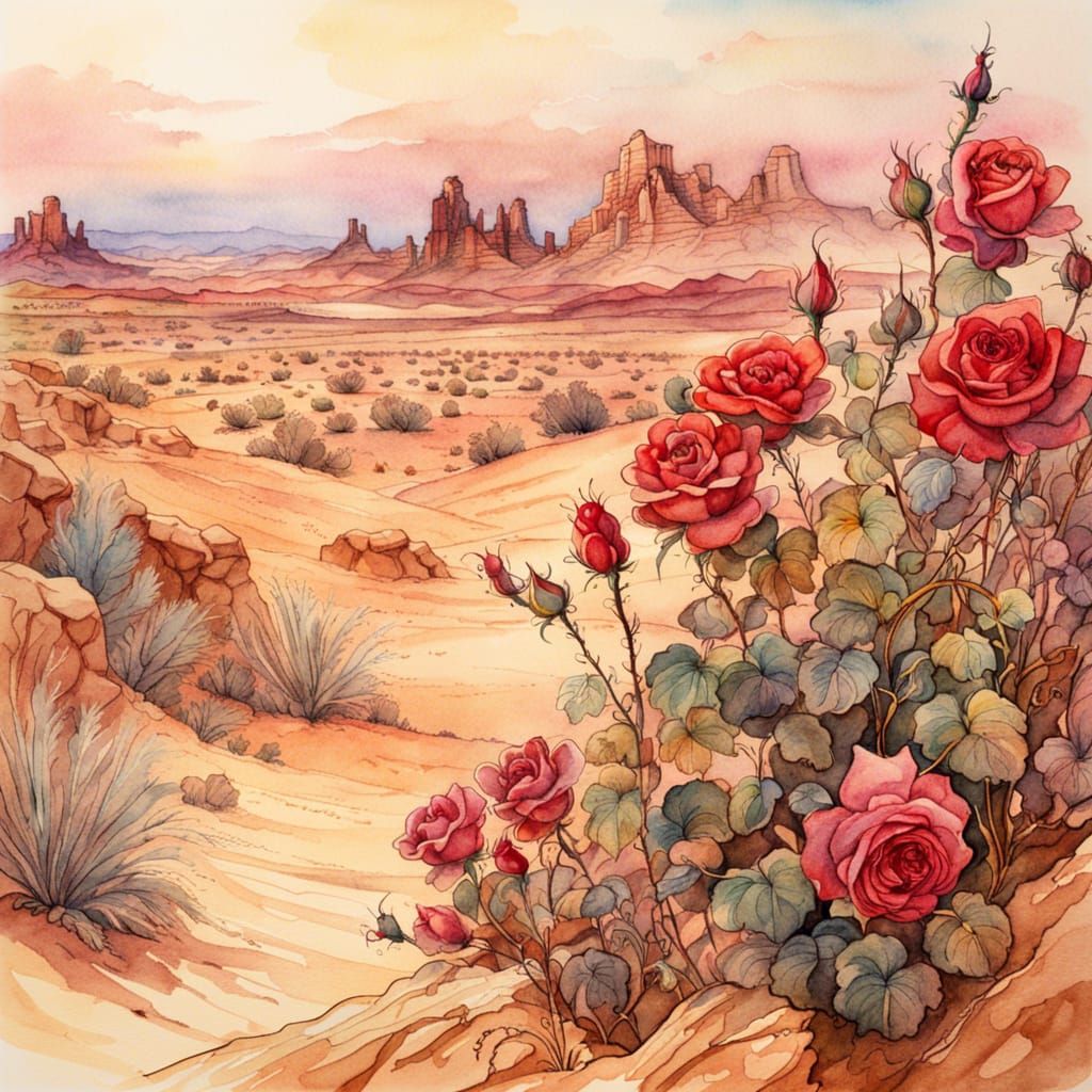 Fairytale Roses Bloom in Desert Watercolor