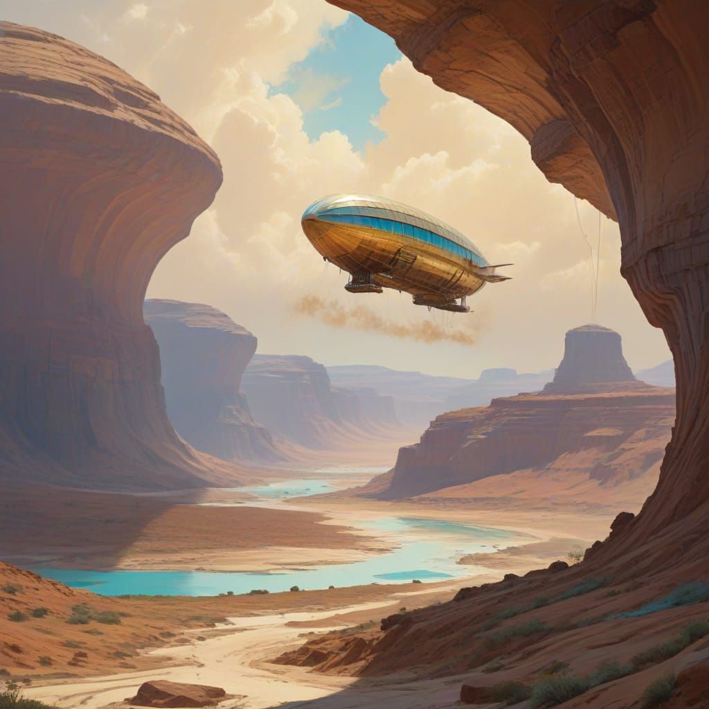 Gilded Airship Over a Painted Desert Landscape