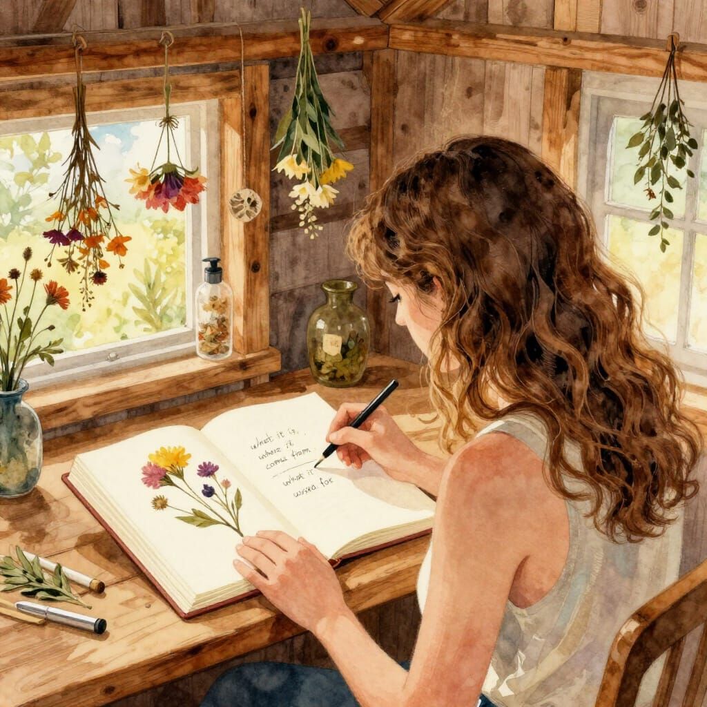 Woman Journaling with Dried Flowers in Surreal Watercolor St...