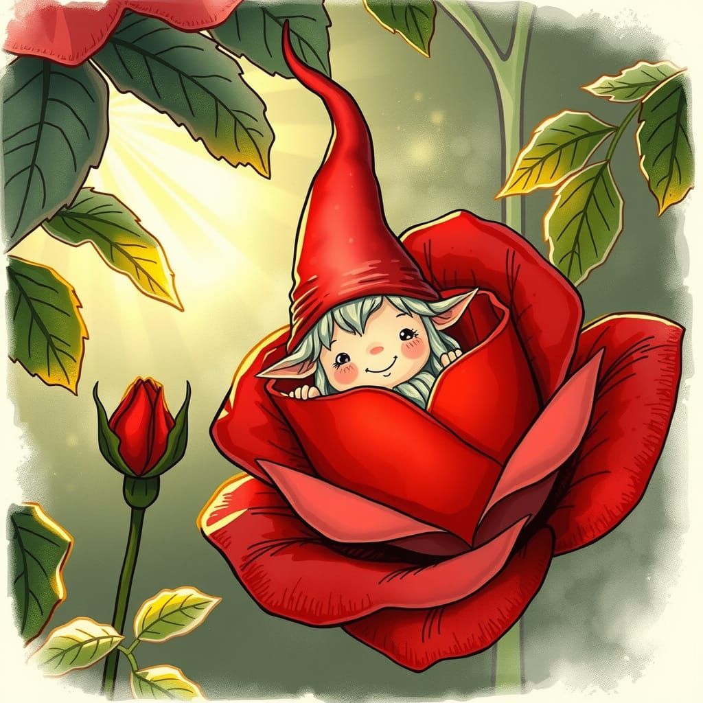 Gnome Emerging From Red Rose in Arthur Rackham Style