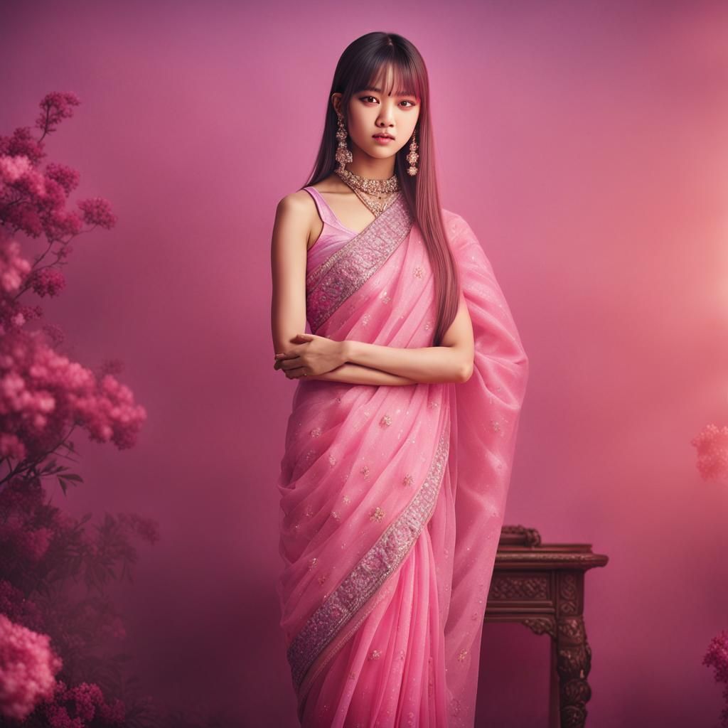 Lalisa Manoban in Pink Saree: Photorealistic Anime Portrait