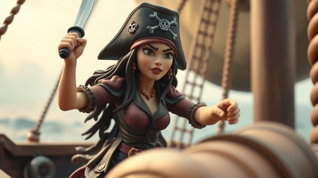 Fierce Female Pirate in Claymation Battle Scene